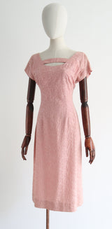 "Pink Floral Embroidery" Vintage 1950's Pink Floral Embroidered Dress UK 12 US 8