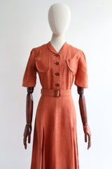 "Terracotta Linen" Vintage Late 1930's Terracotta Linen Dress & Jacket UK 12 US 8