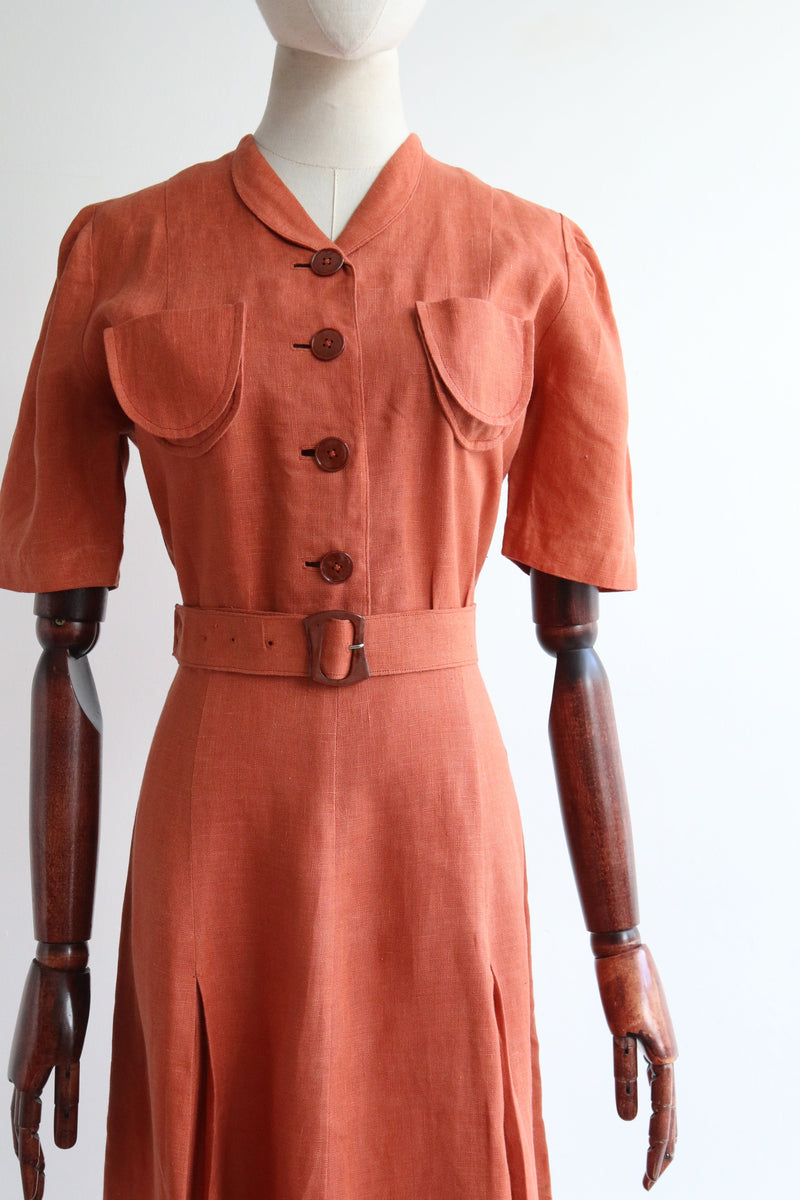 "Terracotta Linen" Vintage Late 1930's Terracotta Linen Dress & Jacket UK 12 US 8