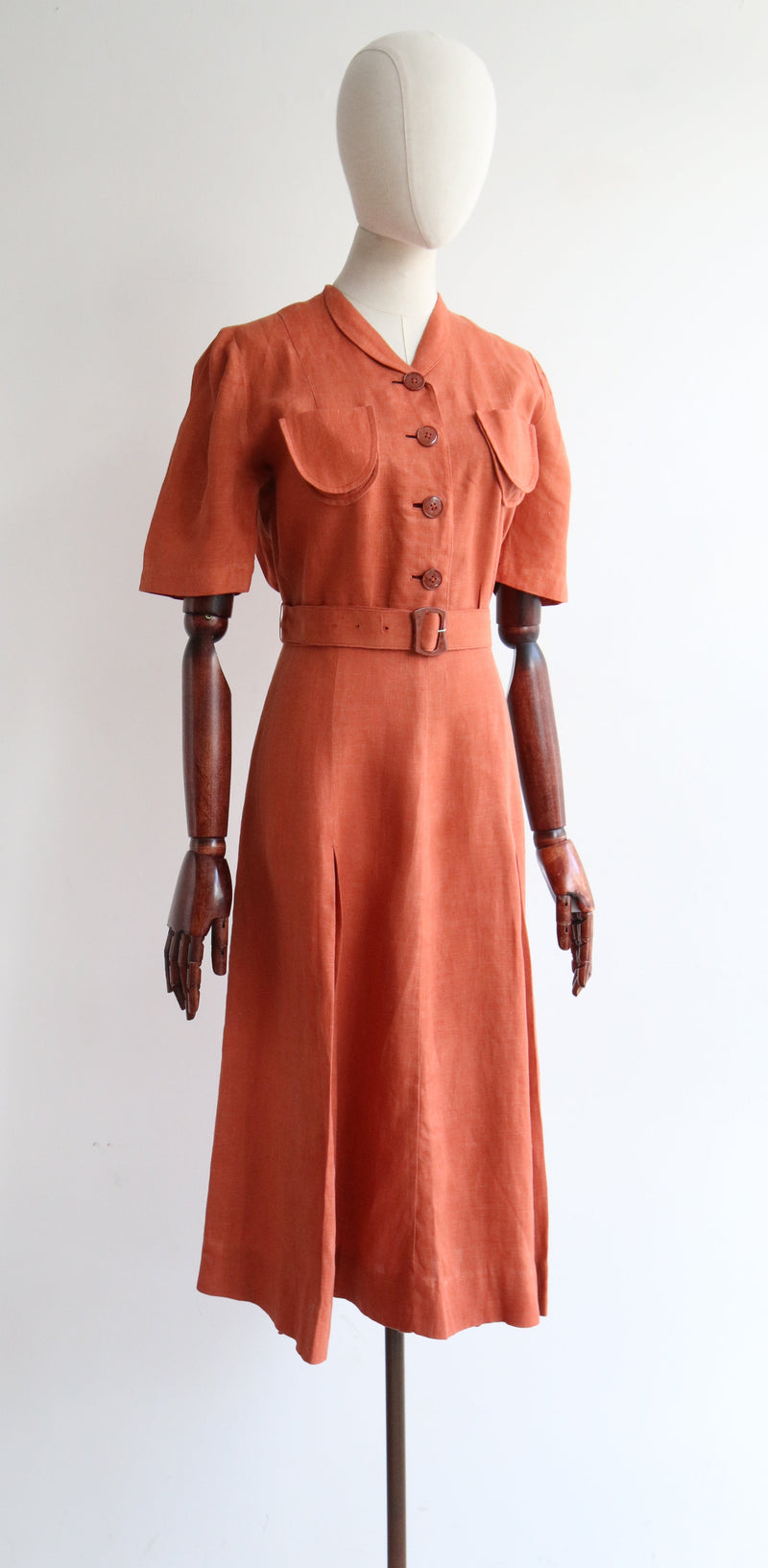 "Terracotta Linen" Vintage Late 1930's Terracotta Linen Dress & Jacket UK 12 US 8