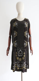 "Glass Bows" Vintage 1920's Black Silk Chiffon Beaded Bow Dress UK 12 US 8