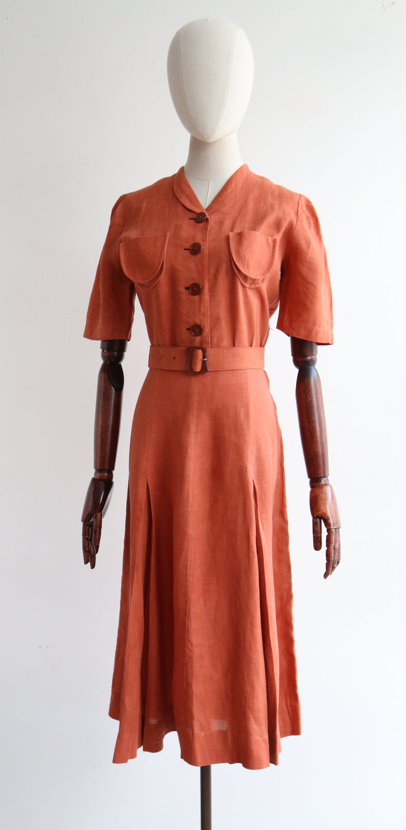 "Terracotta Linen" Vintage Late 1930's Terracotta Linen Dress & Jacket UK 12 US 8