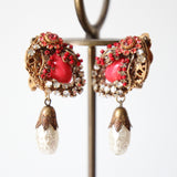 "Rose & Rhinestone" Vintage 1940's Filigree Rhinestone & Pearl Droplet Clip on Earrings