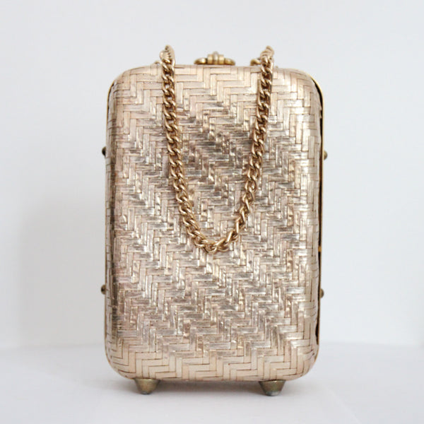 "Golden Chevron Weave" Vintage 1960's Golden Chevron Woven Box Bag