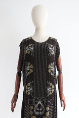 "Glass Bows" Vintage 1920's Black Silk Chiffon Beaded Bow Dress UK 12 US 8