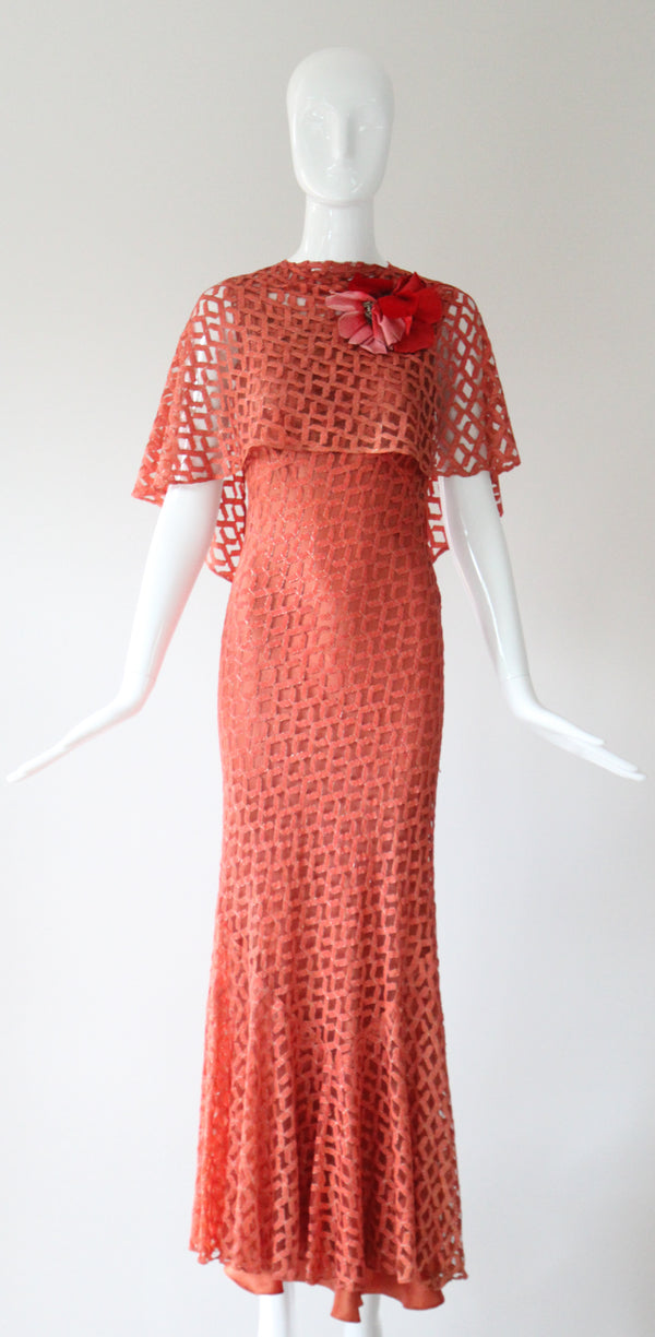 "Coral Lace & Lamé" Vintage 1930's Coral Lace & Lamé Gown and Mantle Ensemble UK 6-8 US 2-4