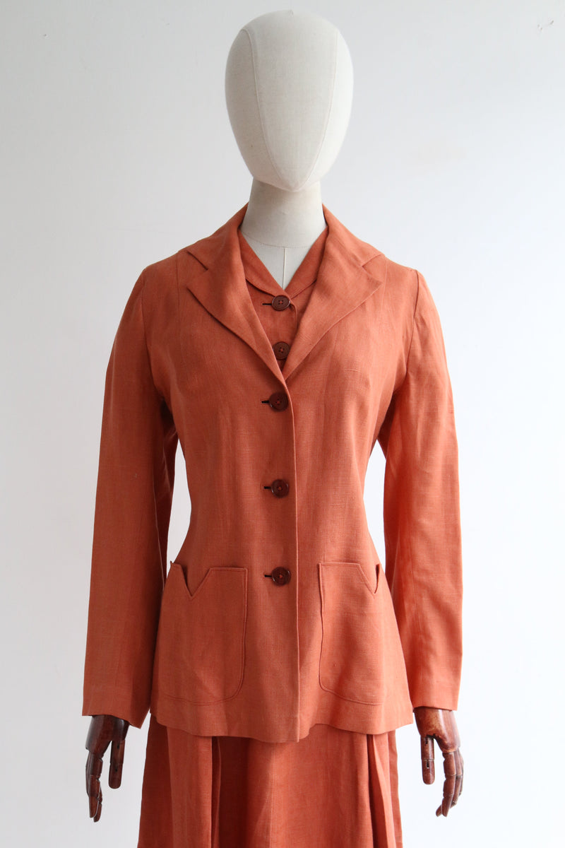 "Terracotta Linen" Vintage Late 1930's Terracotta Linen Dress & Jacket UK 12 US 8