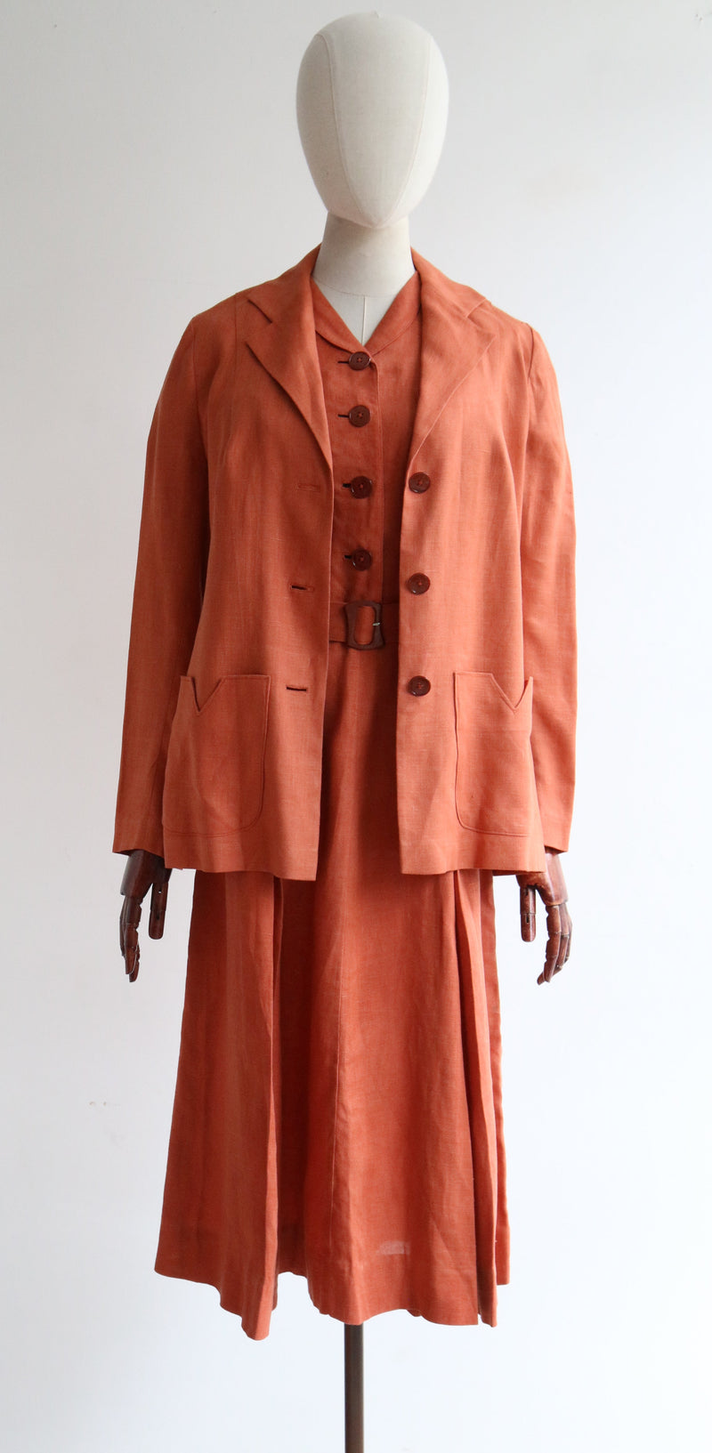 "Terracotta Linen" Vintage Late 1930's Terracotta Linen Dress & Jacket UK 12 US 8