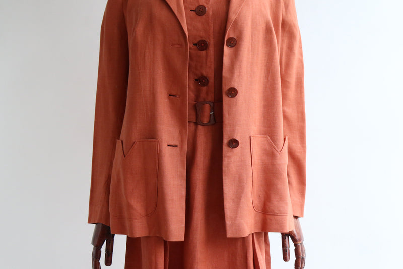 "Terracotta Linen" Vintage Late 1930's Terracotta Linen Dress & Jacket UK 12 US 8