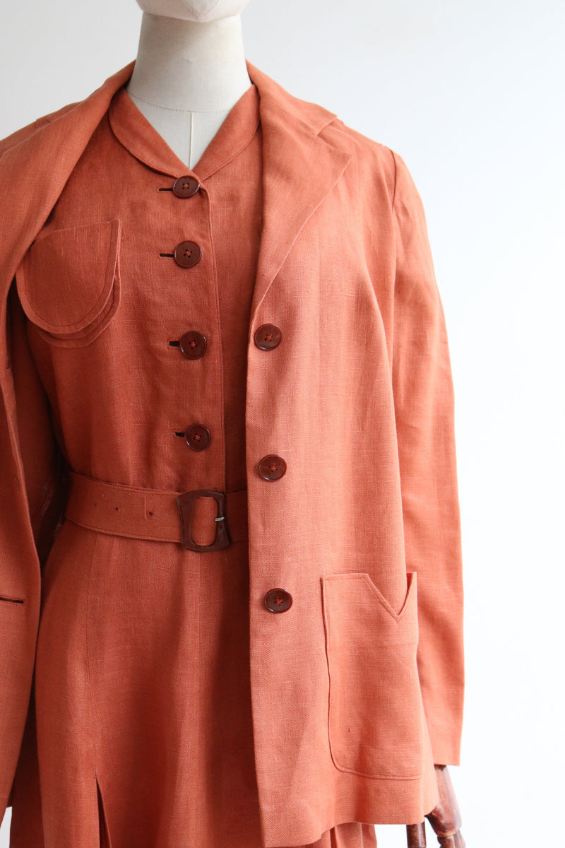 "Terracotta Linen" Vintage Late 1930's Terracotta Linen Dress & Jacket UK 12 US 8