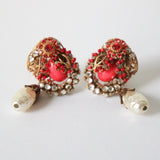 "Rose & Rhinestone" Vintage 1940's Filigree Rhinestone & Pearl Droplet Clip on Earrings