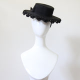 "Scalloped Straw" Vintage 1940's Black Scalloped Straw Percher Tilt Hat