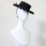 "Scalloped Straw" Vintage 1940's Black Scalloped Straw Percher Tilt Hat