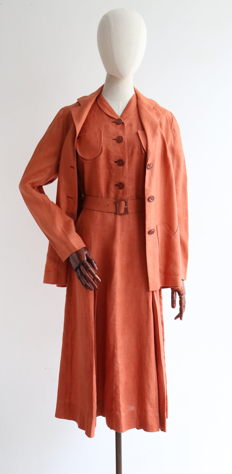"Terracotta Linen" Vintage Late 1930's Terracotta Linen Dress & Jacket UK 12 US 8