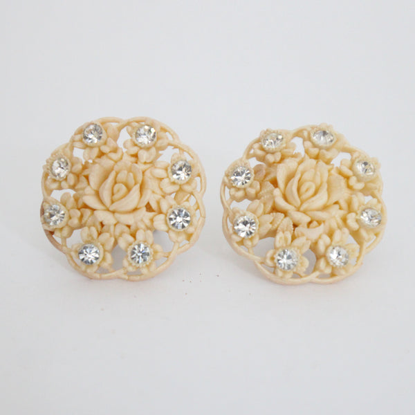 "Rose & Rhinestone" Vintage 1940's Cream Celluloid Rose & Rhinestone Screw Back Earrings