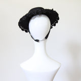"Scalloped Straw" Vintage 1940's Black Scalloped Straw Percher Tilt Hat