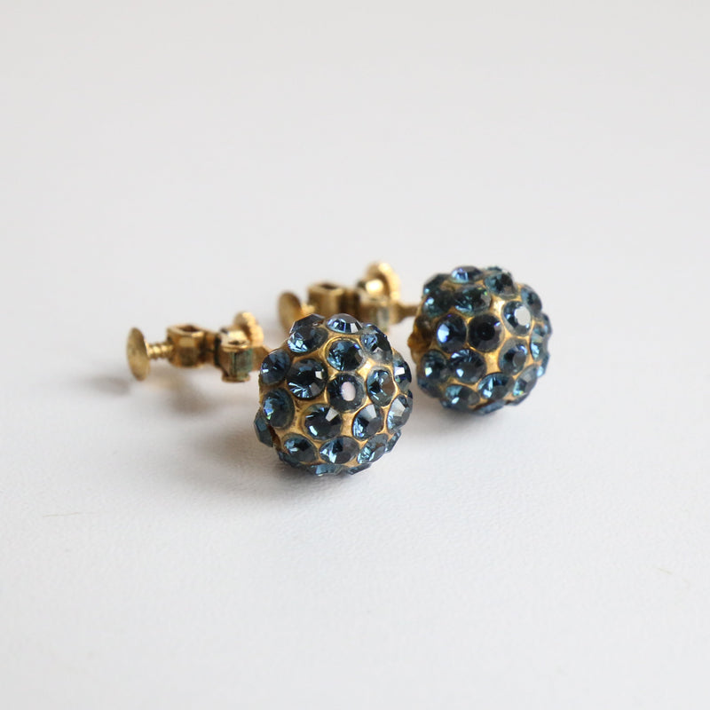 "Lake Blue Rhinestones" Vintage 1950's Blue Rhinestone Bead Screw Back Earrings