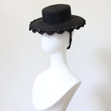 "Scalloped Straw" Vintage 1940's Black Scalloped Straw Percher Tilt Hat