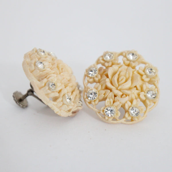 "Rose & Rhinestone" Vintage 1940's Cream Celluloid Rose & Rhinestone Screw Back Earrings