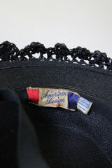 "Scalloped Straw" Vintage 1940's Black Scalloped Straw Percher Tilt Hat