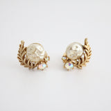 "Botanical Pearls" Vintage 1950's Botanical Moulded Pearl & Iridescent Rhinestone Clip On Earrings