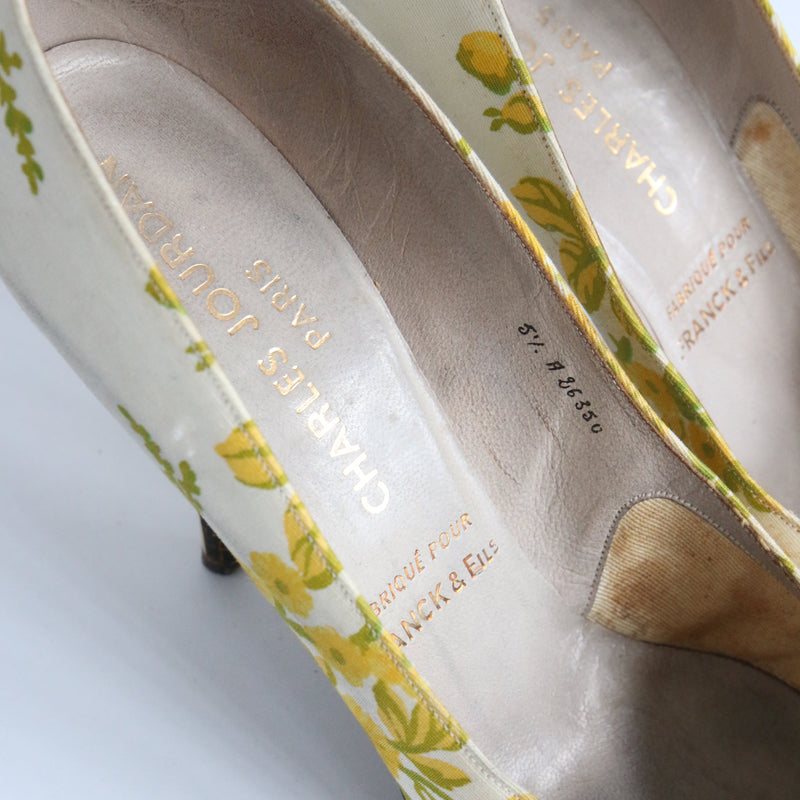 "Zesty Florals" Vintage 1950's Floral Silk Heels UK 4 EU 37 US 6