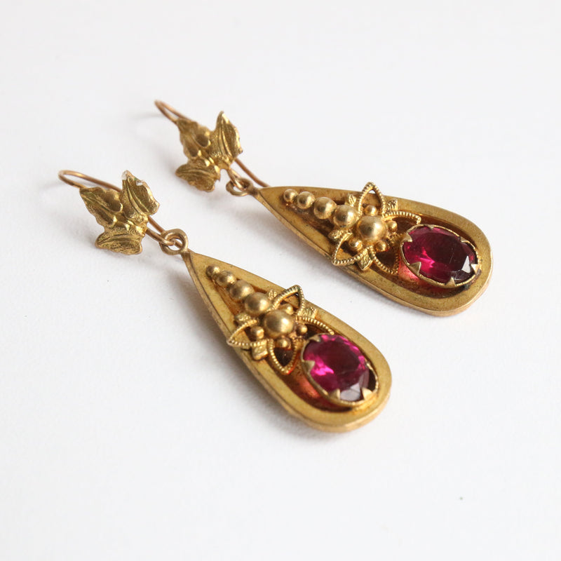 "Pinchbeck Florals" Antique Victorian Pinchbeck & Rose Rhinestone Earrings