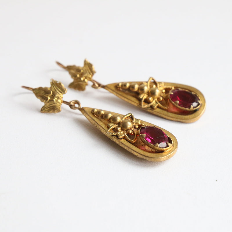 "Pinchbeck Florals" Antique Victorian Pinchbeck & Rose Rhinestone Earrings