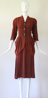 "Draped Pleats" Vintage 1940's Draped Pleated Crepe Silk Skirt Suit UK 10 US 6
