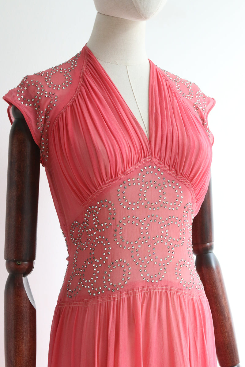 "Paradise Pink" Vintage 1930's Paradise Pink Silk Chiffon & Rhinestone Dress UK 8 US 4