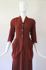 "Draped Pleats" Vintage 1940's Draped Pleated Crepe Silk Skirt Suit UK 10 US 6