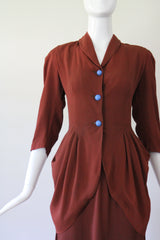 "Draped Pleats" Vintage 1940's Draped Pleated Crepe Silk Skirt Suit UK 10 US 6
