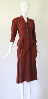 "Draped Pleats" Vintage 1940's Draped Pleated Crepe Silk Skirt Suit UK 10 US 6