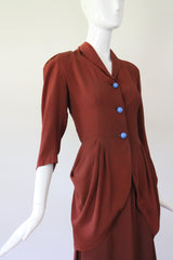 "Draped Pleats" Vintage 1940's Draped Pleated Crepe Silk Skirt Suit UK 10 US 6