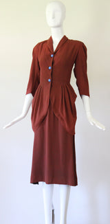 "Draped Pleats" Vintage 1940's Draped Pleated Crepe Silk Skirt Suit UK 10 US 6
