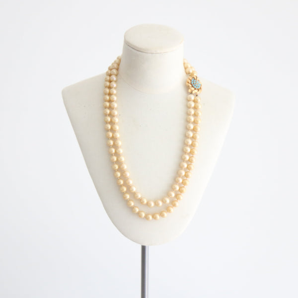 "Champagne Pearls" Vintage 1960's Double Strand Pearl & Turquoise Necklace