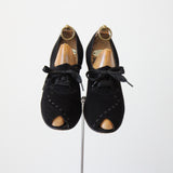 "Ribbon Stitches" Vintage 1940's Black Suede Lace Up Peep Toe Heels UK 4 US 6 EU 37