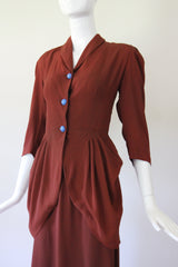 "Draped Pleats" Vintage 1940's Draped Pleated Crepe Silk Skirt Suit UK 10 US 6