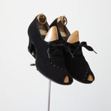 "Ribbon Stitches" Vintage 1940's Black Suede Lace Up Peep Toe Heels UK 4 US 6 EU 37