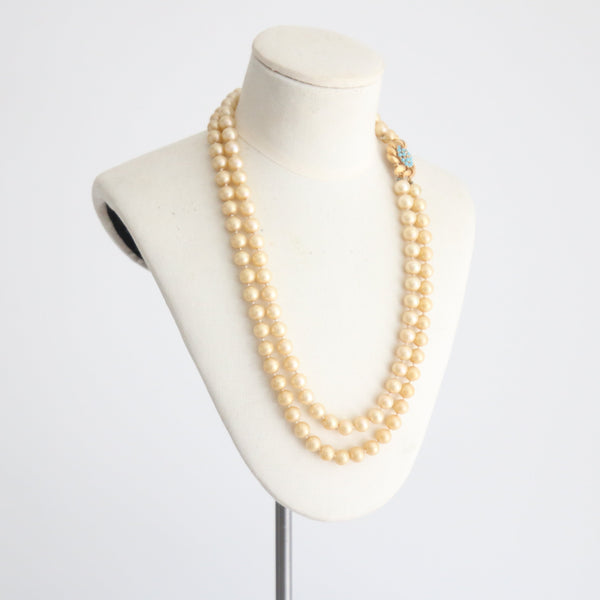 "Champagne Pearls" Vintage 1960's Double Strand Pearl & Turquoise Necklace