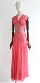 "Paradise Pink" Vintage 1930's Paradise Pink Silk Chiffon & Rhinestone Dress UK 8 US 4