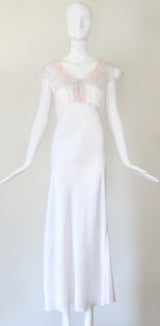 "Pink Lace Accents" Vintage 1930's Ice Blue & Pink Lace Gown UK 12-14 US 8-10