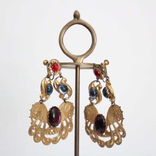 "Filigree Cabochons" Vintage 1960's Miriam Haskell Filigree & Cabochons Clip on Earrings