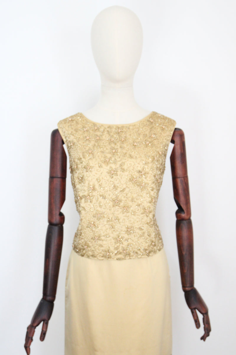 "Gold Satin & Beads" Vintage 1960's Gold Satin & Beaded Blouse & Skirt Set UK 8-10 US 4-6