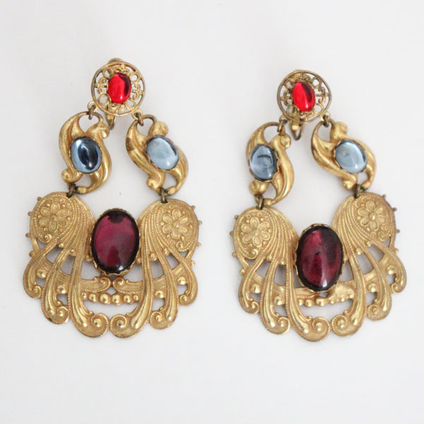 "Filigree Cabochons" Vintage 1960's Miriam Haskell Filigree & Cabochons Clip on Earrings