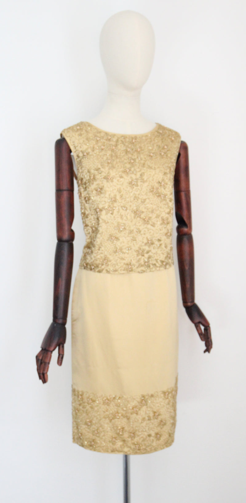 "Gold Satin & Beads" Vintage 1960's Gold Satin & Beaded Blouse & Skirt Set UK 8-10 US 4-6