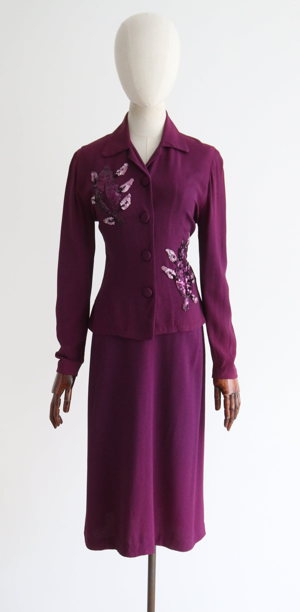 "Violet Sequins" Vintage 1940's Violet Crepe Silk Sequin Suit UK 8 US 4