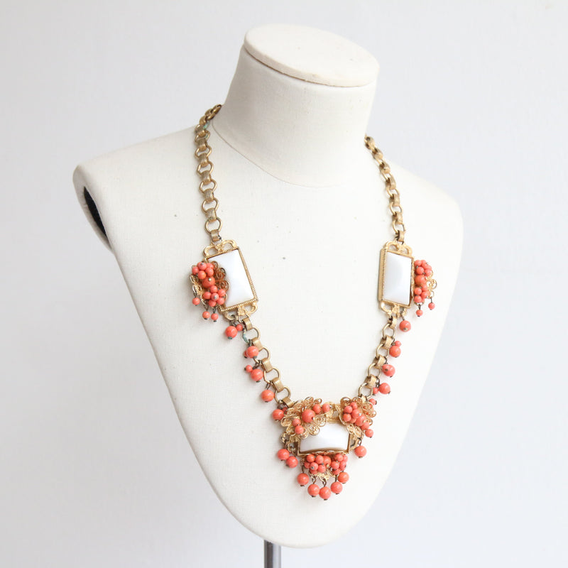 "Coral & Milk Glass" Vintage 1940's Gold Filigrée, Milk Glass & Coral Bead Statement Necklace