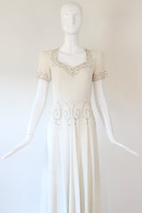 "Ivory Silk & Rhinestones" Vintage 1940's Ivory Crepe Silk & Rhinestone Embellished Gown UK 8 US 4