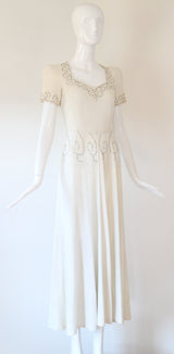 "Ivory Silk & Rhinestones" Vintage 1940's Ivory Crepe Silk & Rhinestone Embellished Gown UK 8 US 4